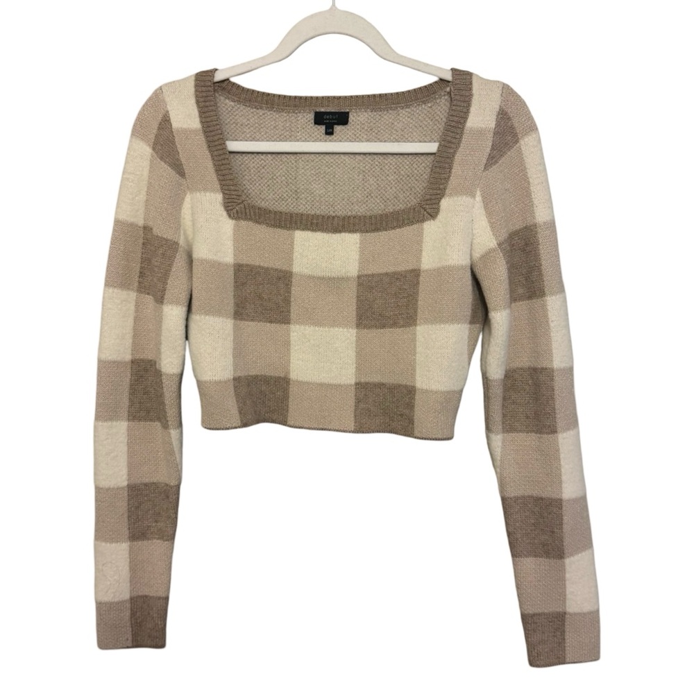 Debut Ultra-Soft Cropped Gingham Colorblock Sweater Top in Cream / Beige / Brown